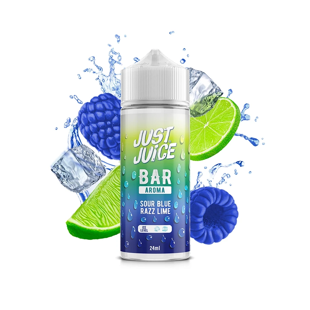 Bote Just Juice Bar con etiqueta «Sour Blue Razz Lime» de 24 ml, rodeado de frambuesas azules, lima, hielo y salpicaduras.