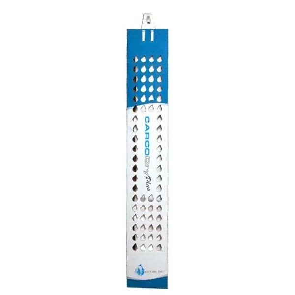Tira desecante Cargo Dry Plus alargada, blanca y azul, con motivos de gotas y una pestaña superior para colgar.