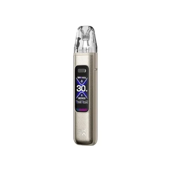 Vapeador Oxva Xlim Pro 3 de cuerpo dorado texturizado, con boquilla transparente y pantalla frontal encendida que marca 30 W.