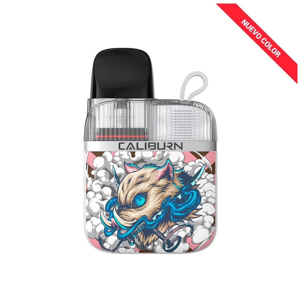 Vapeador Caliburn compacto con boquilla negra, parte superior transparente y dibujo de un jabalí con detalles azules sobre nubes.