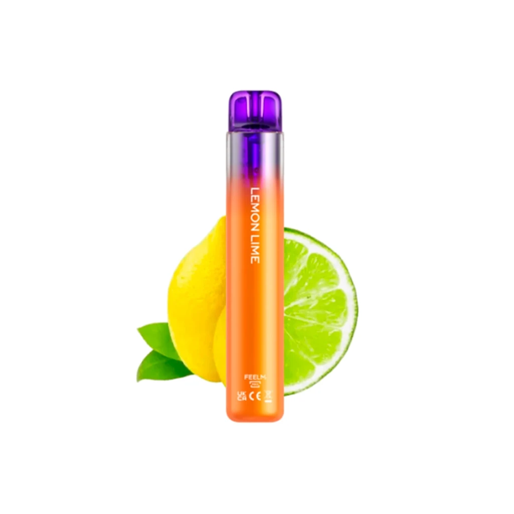 Vaper Vozol Neon Lemon Lime de cuerpo naranja y boquilla morada, con el texto Lemon Lime y cítricos detrás sobre fondo blanco.