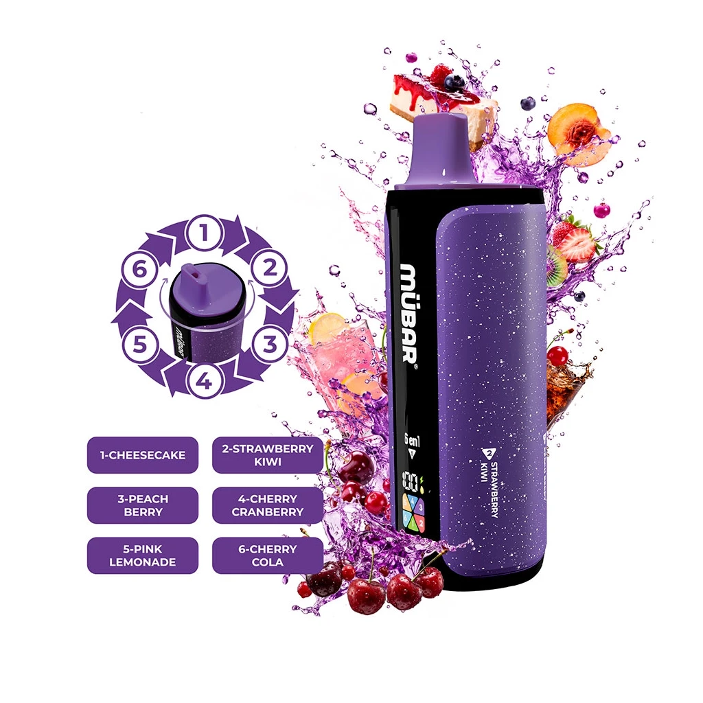 Vaper Mübar morado y negro con boquilla giratoria, rodeado de frutas y salpicaduras, junto a un esquema de seis sabores.