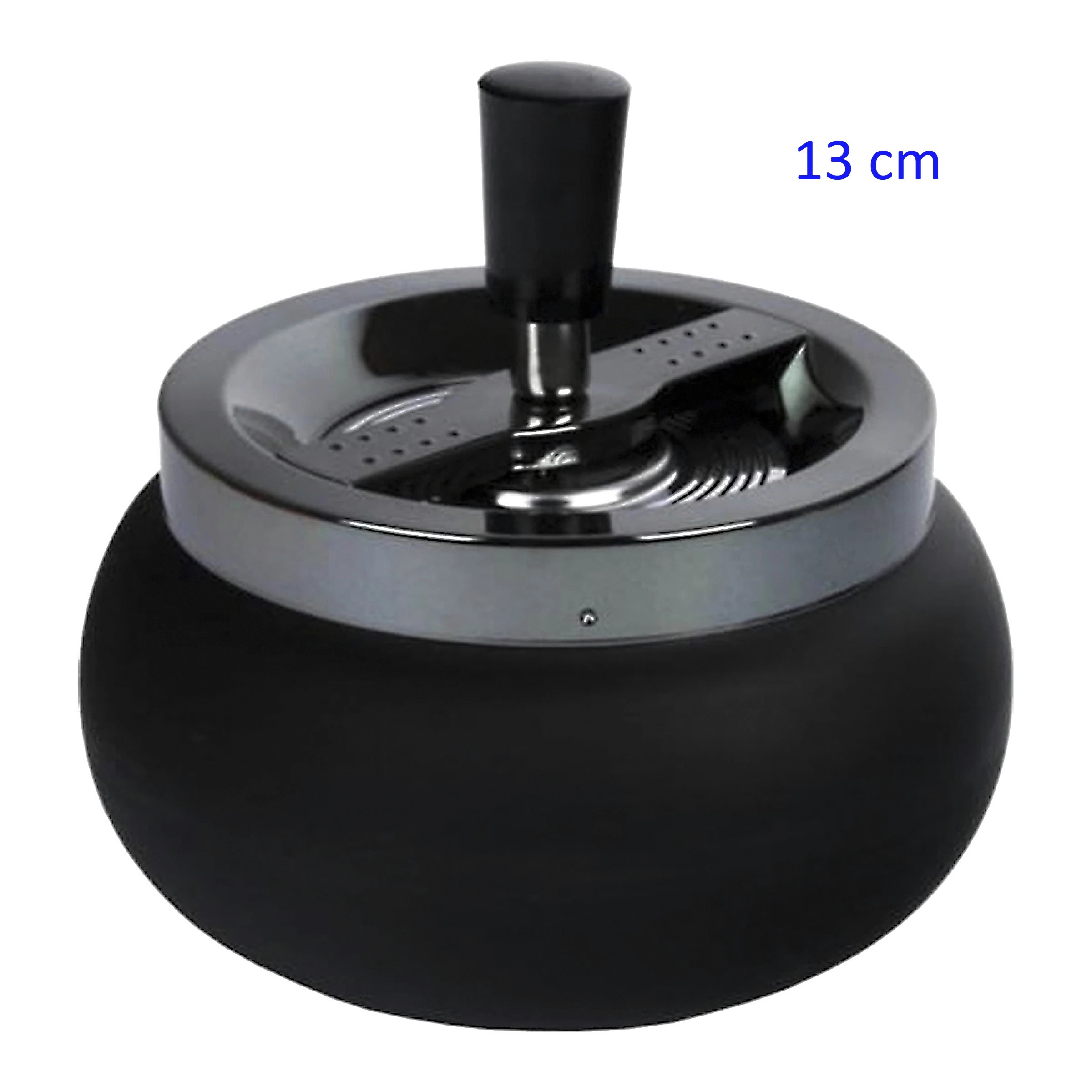 Cenicero automático negro de 13 cm, con cuerpo redondeado, tapa metálica brillante y pulsador central elevado.