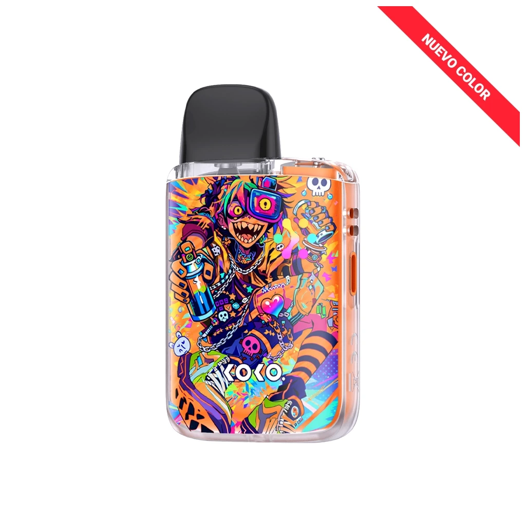 Uwell Caliburn G5 Lite Koko con boquilla negra, carcasa transparente y una ilustración multicolor de un personaje con gafas.