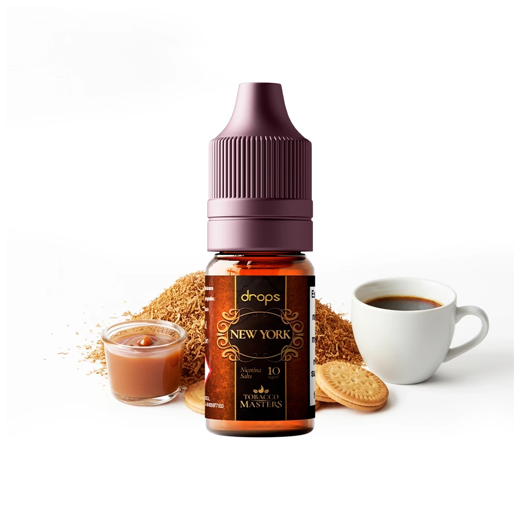 Frasco Drops Tobacco Masters Salts New York con tapón granate, junto a una taza de café, galletas y un recipiente con crema marrón.