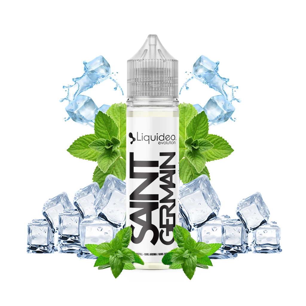 Frasco Liquideo Evolution Saint Germain con tapón transparente y letras negras, rodeado de hojas de menta, cubitos de hielo y salpicaduras.