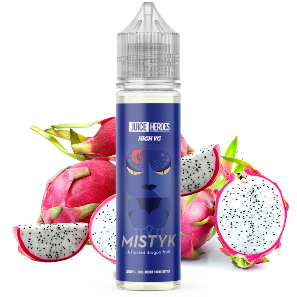 Frasco de Longfill Heroes Mistyk con etiqueta azul y tapón transparente, rodeado de pitayas enteras y cortadas de pulpa blanca.