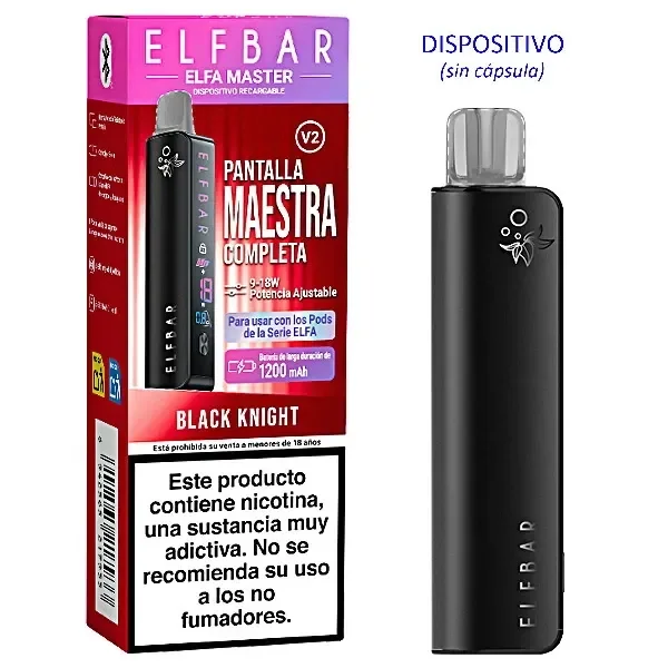 Dispositivo negro Elfbar ELFA MASTER V2 Black Knight sin cápsula, junto a su caja roja y rosa con advertencia sobre nicotina.