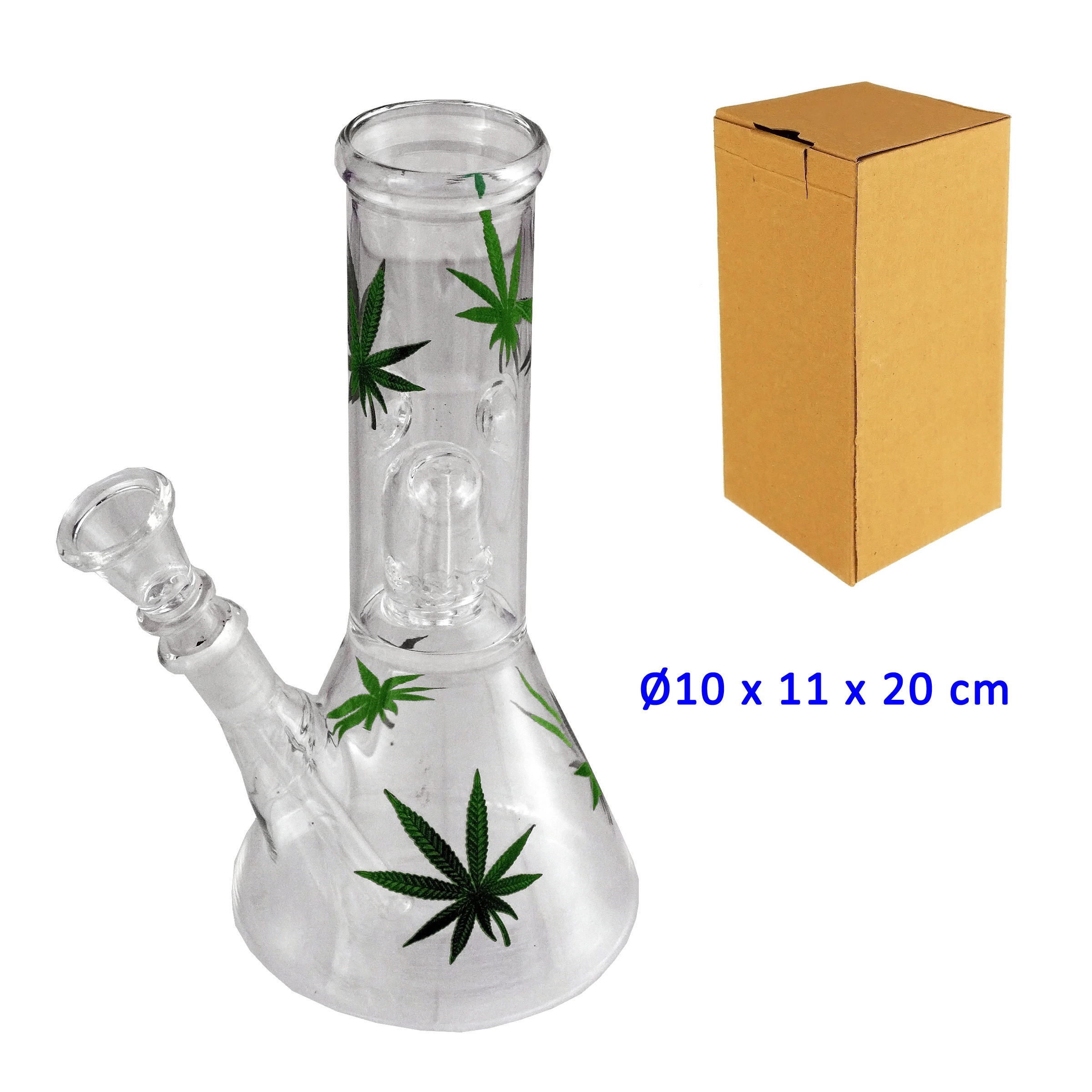 Bong de cristal transparente con hojas verdes, base ensanchada y cazoleta lateral, junto a una caja de cartón.