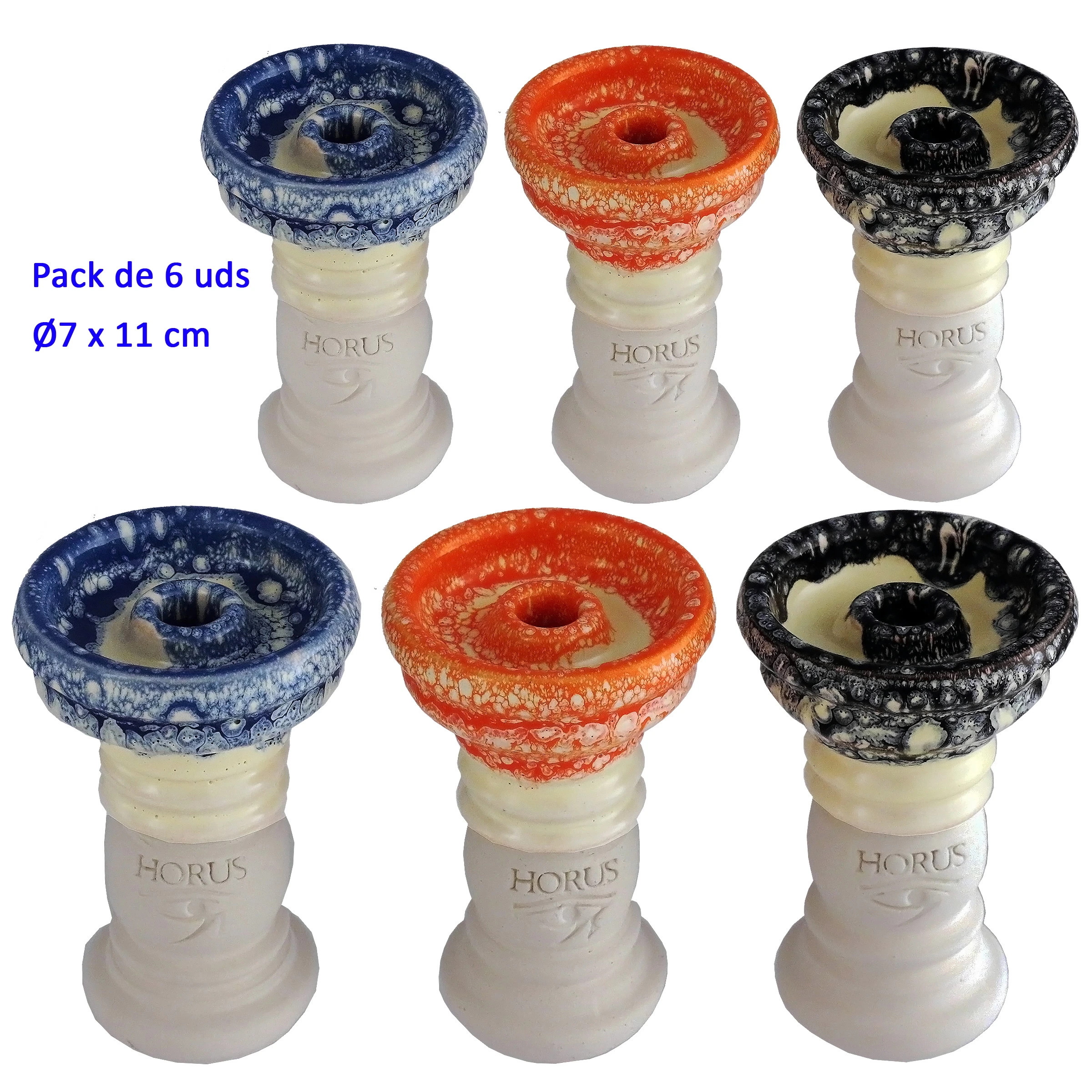 Selección de cazoletas con inscripción HORUS, base clara y cuencos moteados en azul, naranja y negro, sobre fondo blanco.