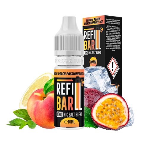 Frasco de Refill Bar Salts Lemon Peach Passionfruit Ice junto a su caja, rodeado de limón, melocotón, maracuyá y hielo.