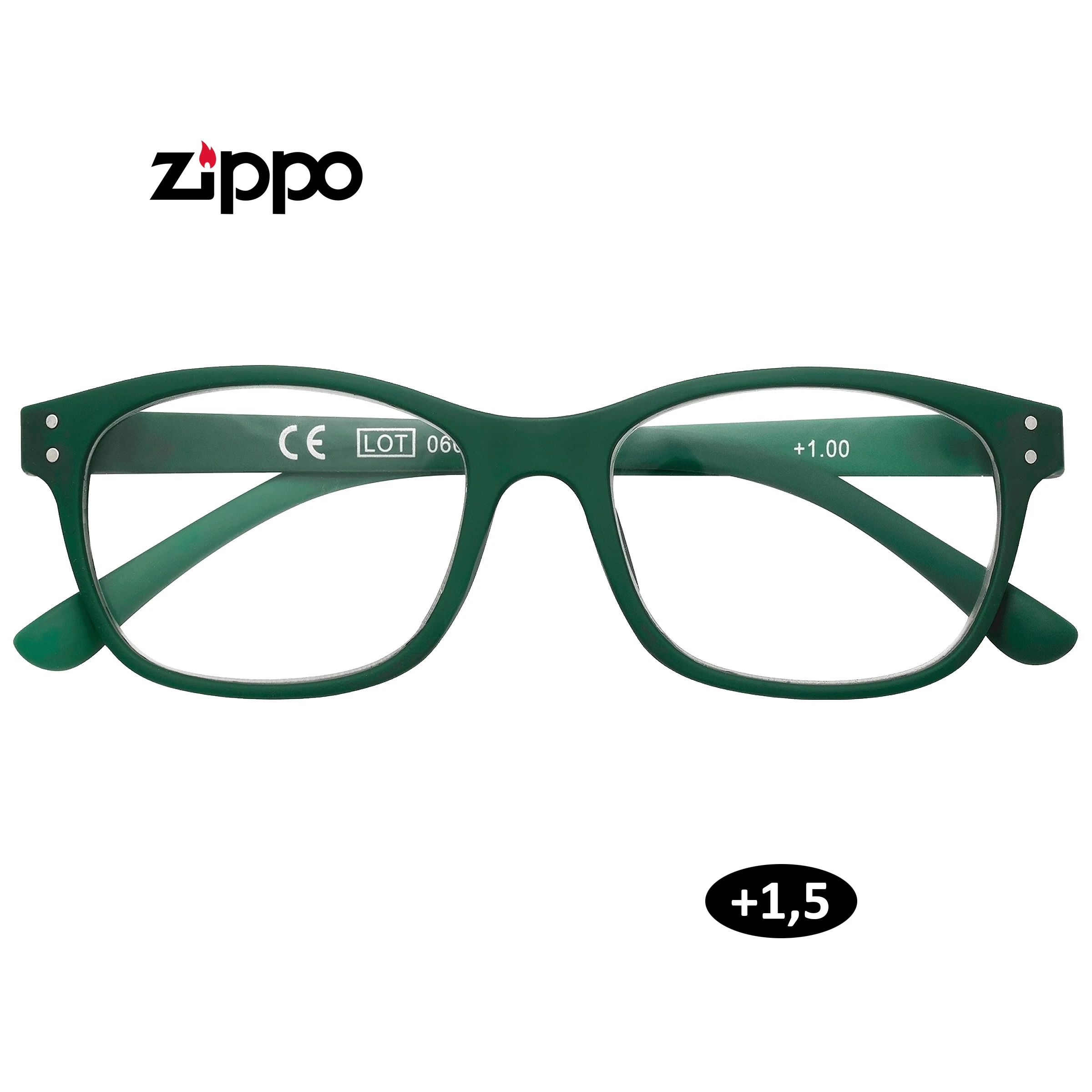 Gafas Zippo de montura verde y forma rectangular, vistas de frente, con distintivo +1,5 y marcado +1.00 visible en una patilla.