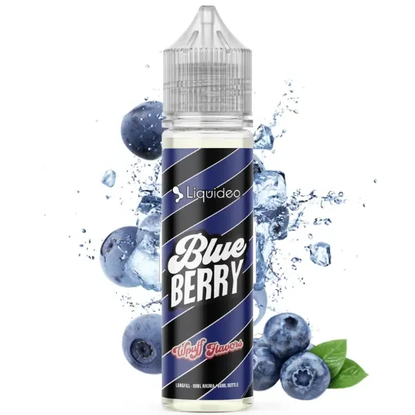 Frasco Longfill Wpuff Flavors Ice Blueberry de Liquideo, con etiqueta negra y azul, rodeado de arándanos, hielo y salpicaduras.