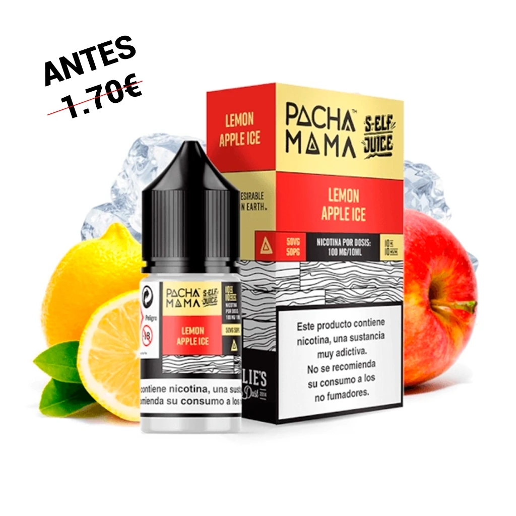 Frasco y caja de Pachamama Self Juice Lemon Apple Ice, rodeados de limón, manzana roja y hielo, con advertencia sobre nicotina.