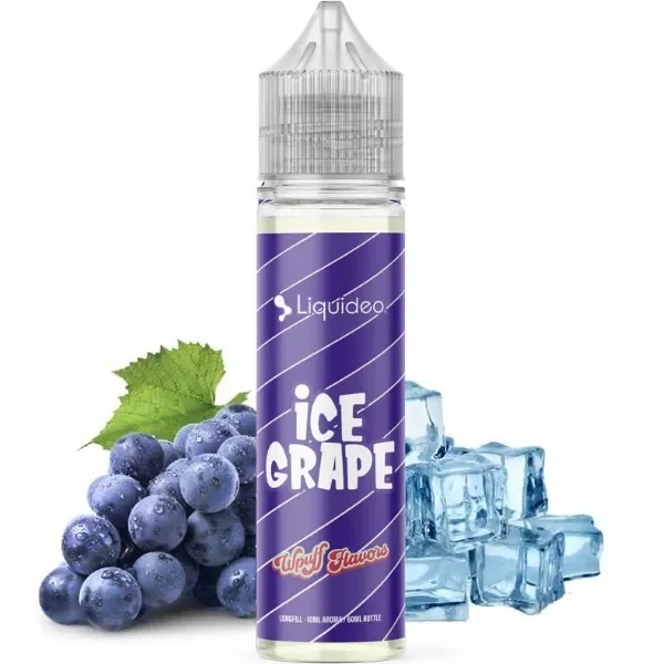 Frasco Longfill Wpuff Flavors Ice Grape de Liquideo con etiqueta violeta y tapón transparente, junto a uvas oscuras y cubitos de hielo.