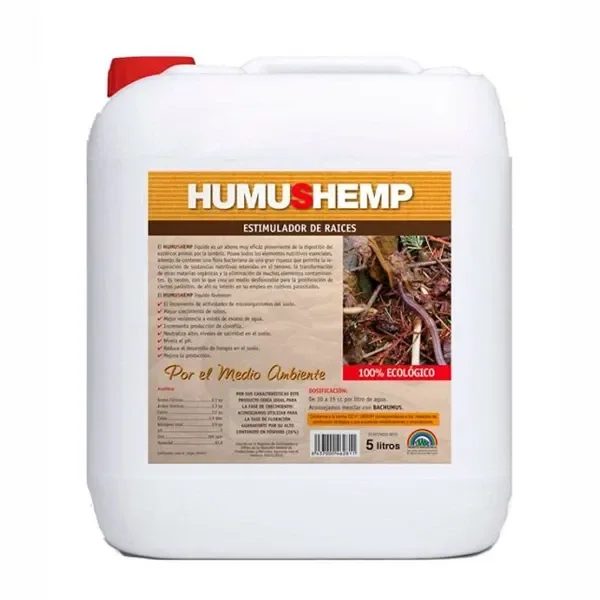 Garَرafa blanca de Humus Hemp Líquido de 5 L con tapón rojo, asa superior y etiqueta con el texto «Estimulador de raíces».