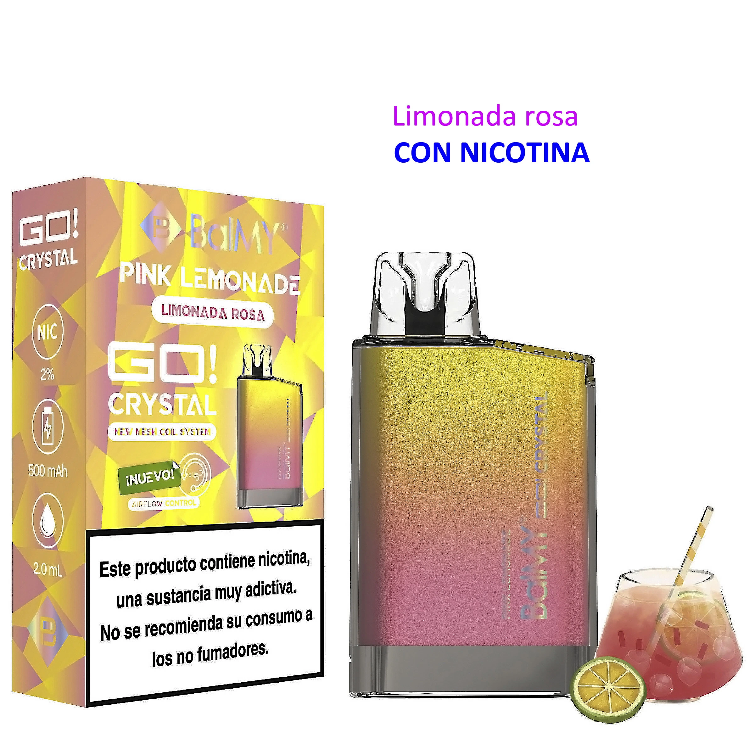 Vaper BALMY GO CRYSTAL Pink Lemonade con degradado amarillo y rosa, junto a su caja con aviso de nicotina y un vaso de limonada ilustrado.