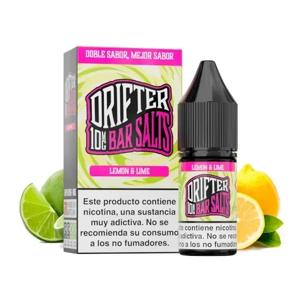 Caja y frasco Drifter Bar Salts Lemon & Lime con etiquetas verdes y rosas, advertencia de nicotina y limones y limas alrededor.