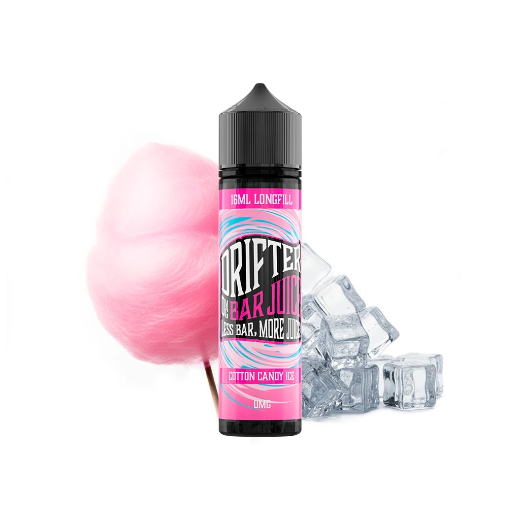 Frasco Drifter Bar Cotton Candy Ice Longfill de 16 ml con etiqueta rosa y tapón negro, junto a algodón de azúcar rosa y cubitos de hielo.
