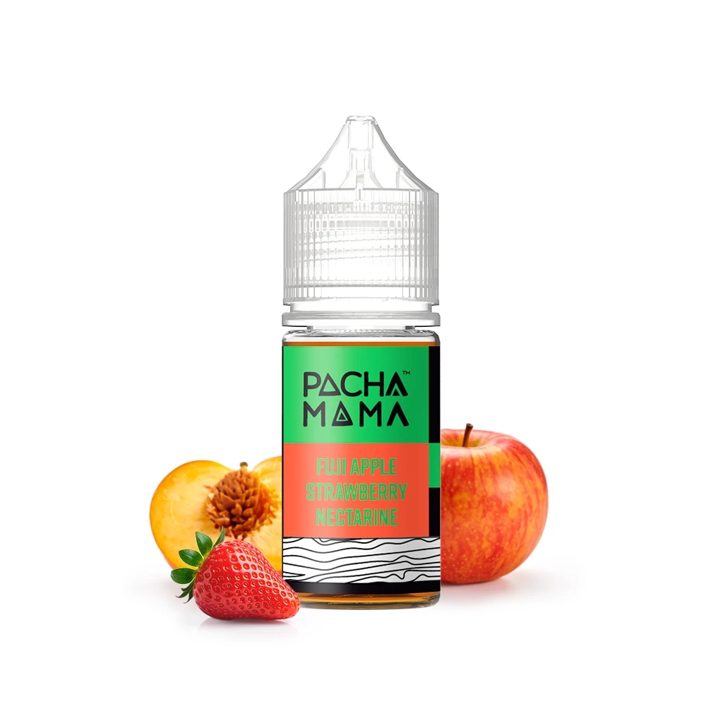 Frasco de aroma Pachamama Fuji Apple Strawberry Nectarine con tapón transparente, junto a una manzana, una fresa y media nectarina.