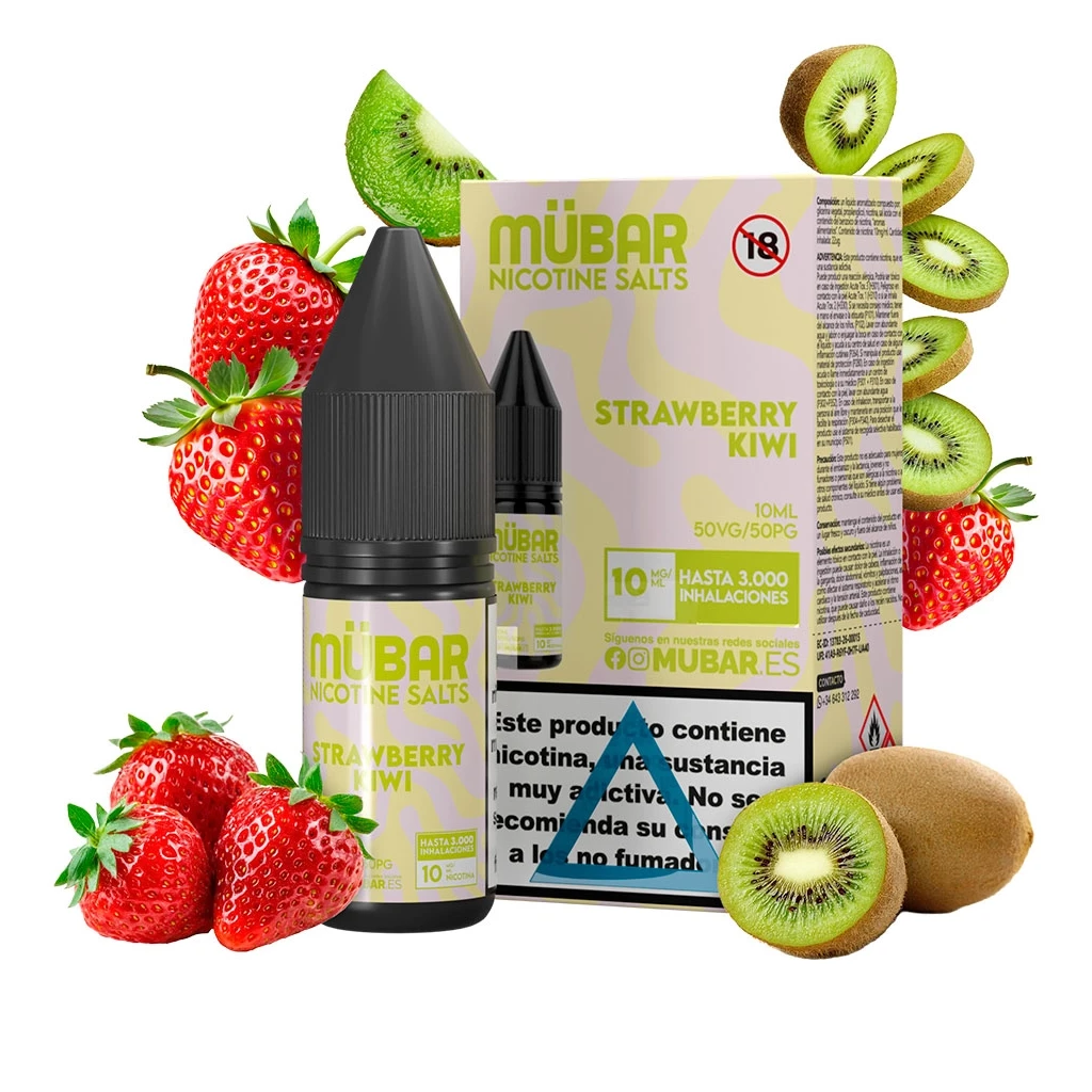 Frasco y caja de Mübar Salts Strawberry Kiwi en tonos rosa y verde, rodeados de fresas y kiwis enteros y cortados sobre fondo blanco.
