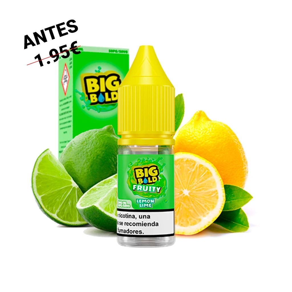 Bote de Big Bold Salts Lemon Lime con tapón amarillo y caja verde, rodeado de limones y limas enteros y cortados sobre fondo blanco.