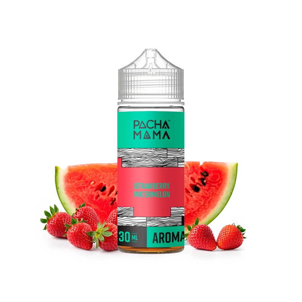 Bote de Pachamama Strawberry Watermelon de 30 ml con etiqueta turquesa y rosa, rodeado de fresas y rodajas de sandía.