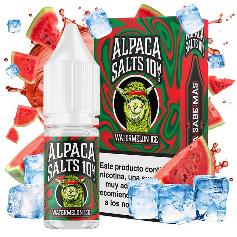 Bote y caja de Alpaca Salts Watermelon Ice con diseño rojo y verde y una alpaca ilustrada, entre trozos de sandía y cubitos de hielo.