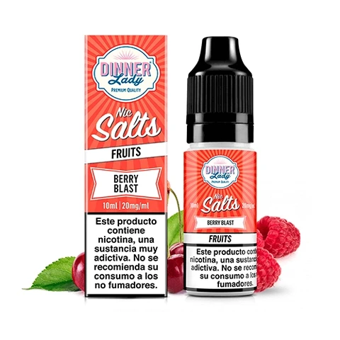Frasco y caja Dinner Lady Berry Blast Nic Salt, con etiqueta de 10 ml y 20 mg/ml, advertencia de nicotina y frutos rojos alrededor.