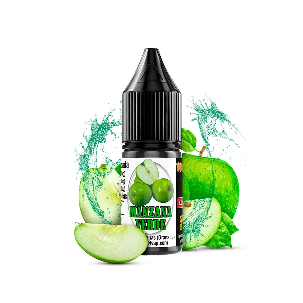 Frasco de aroma Oil4Vap Manzana Verde con tapón negro, rodeado de manzanas verdes enteras y cortadas y salpicaduras verdes.