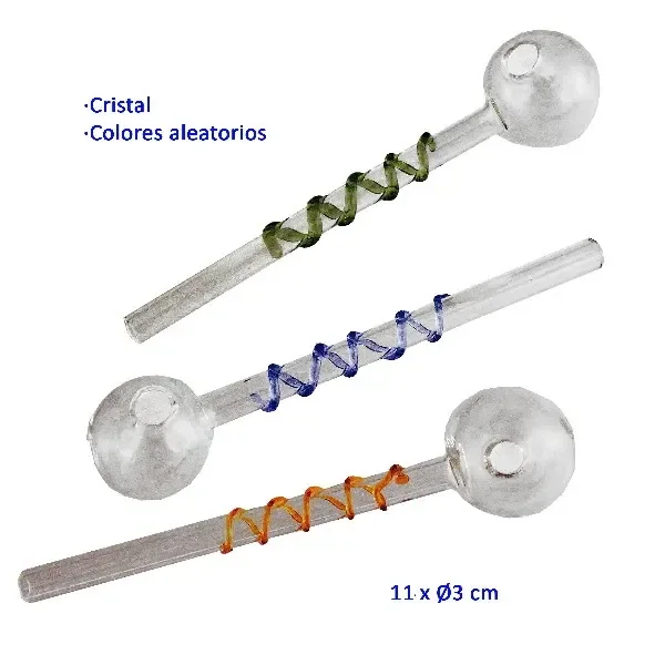 Selección de pipas de cristal con tubo recto y cazoleta esférica, decoradas con espirales verdes, azules o naranjas.