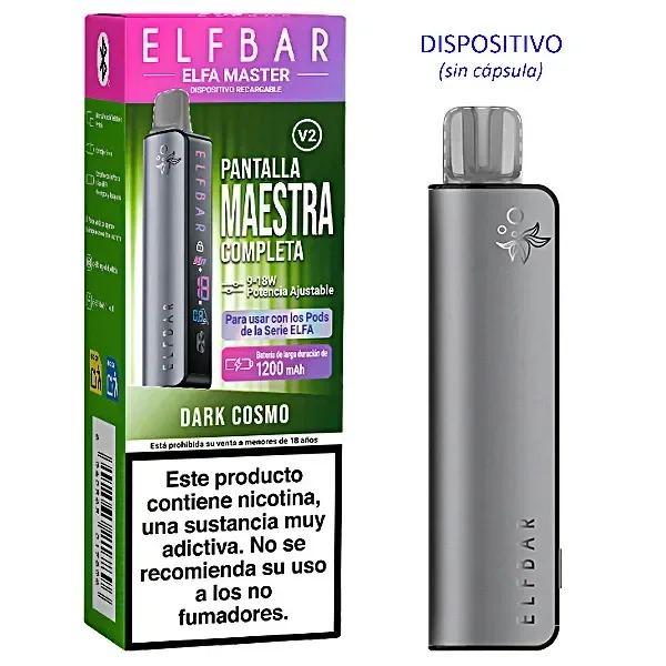 Dispositivo Dark Cosmo Elfbar ELFA Master V2 gris junto a su caja verde y rosa, con el texto «Dispositivo (sin cápsula)».