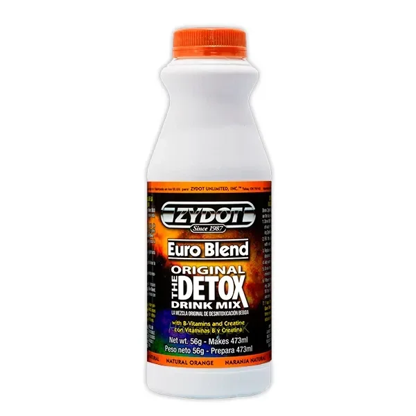 Botella blanca de Zydot Euro Blend Naranja con tapón naranja y etiqueta negra donde se lee «Original Detox Drink Mix» y «56 g».