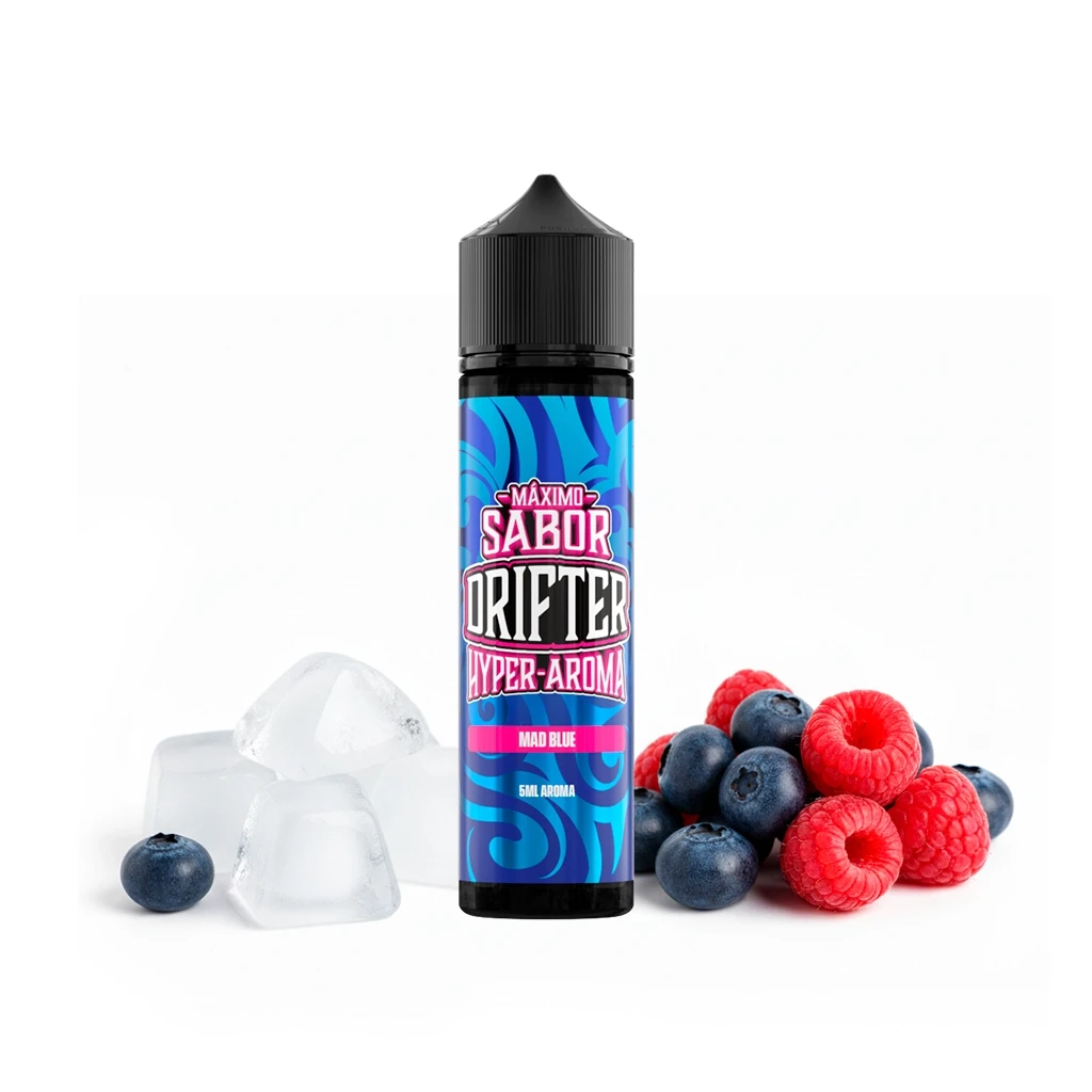 Botella Drifter Hyper Mad Blue de 5 ml con tapón negro y etiqueta azul y rosa, junto a arándanos, frambuesas y cubitos de hielo.