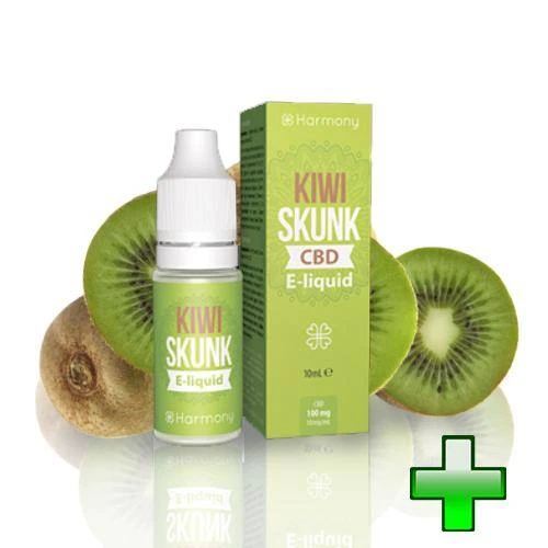 Frasco y caja verde de e-líquido Kiwi Skunk CBD Harmony, con kiwis enteros y cortados detrás y una cruz verde en la esquina.