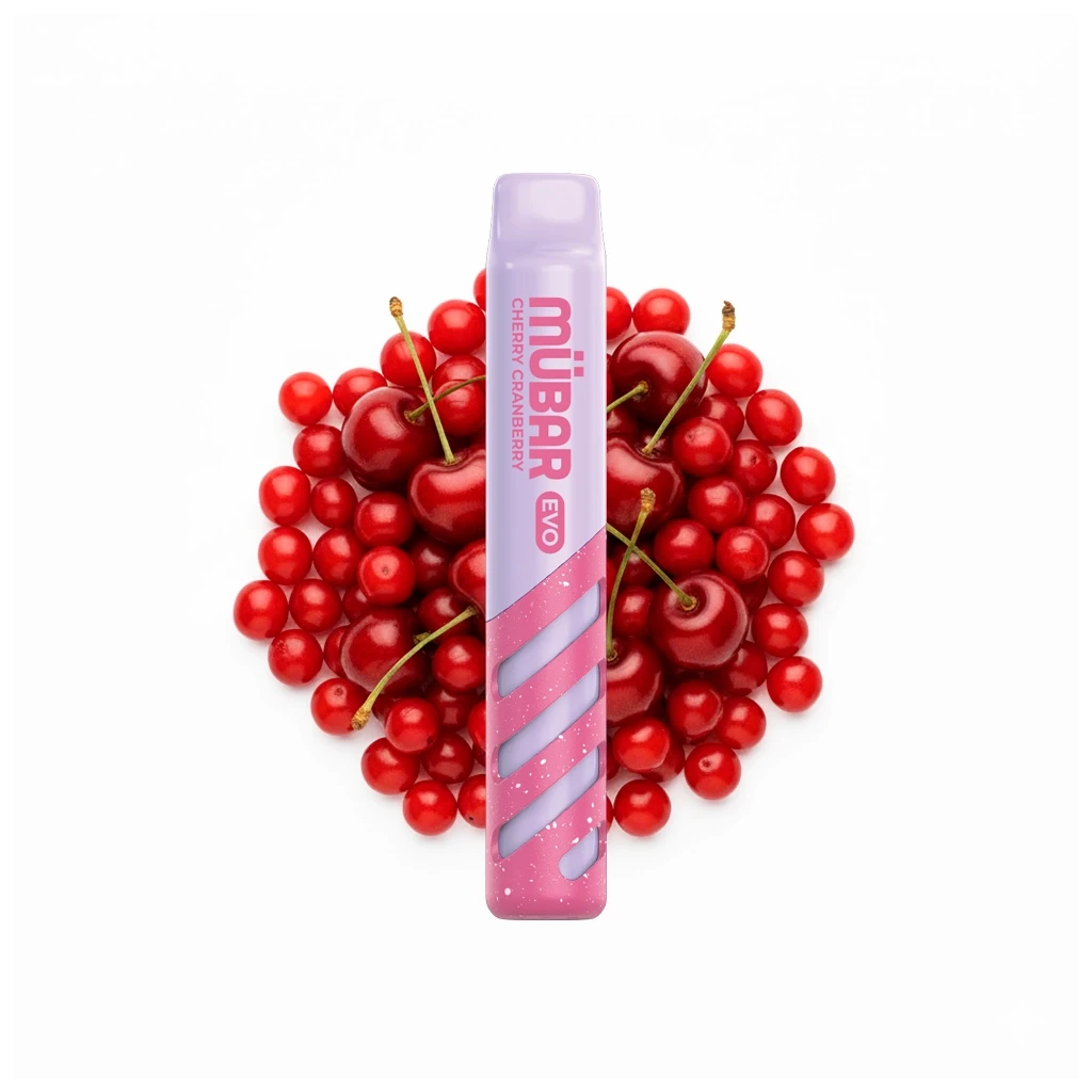 Vaper Mübar Evo Cherry Cranberry rosa y lila, en posición vertical ante un conjunto de cerezas y arándanos rojos.