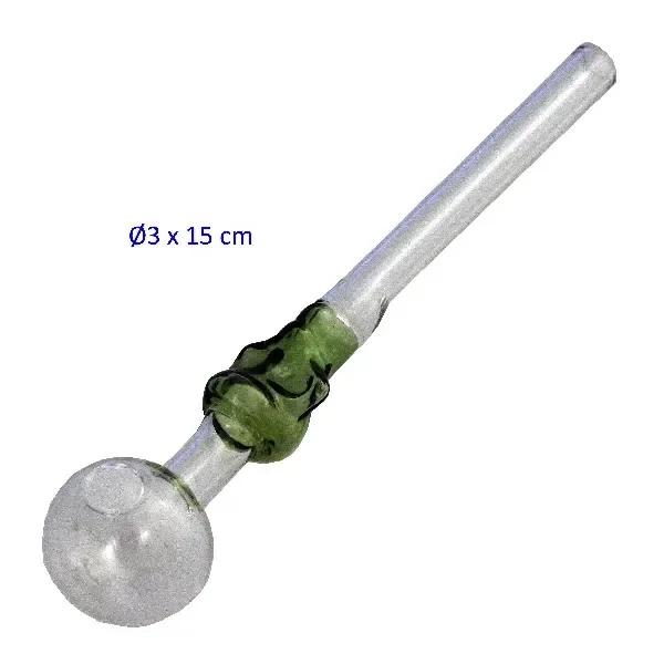Pipa de cristal para dabbing de 15 cm, dispuesta en diagonal, con cámara esférica y adorno verde con trazos negros.