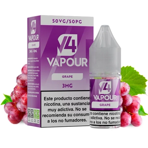 Frasco y caja violeta de e-líquido V4 Vapour Grape, con indicaciones 3MG y 50VG/50PG, rodeados de uvas.