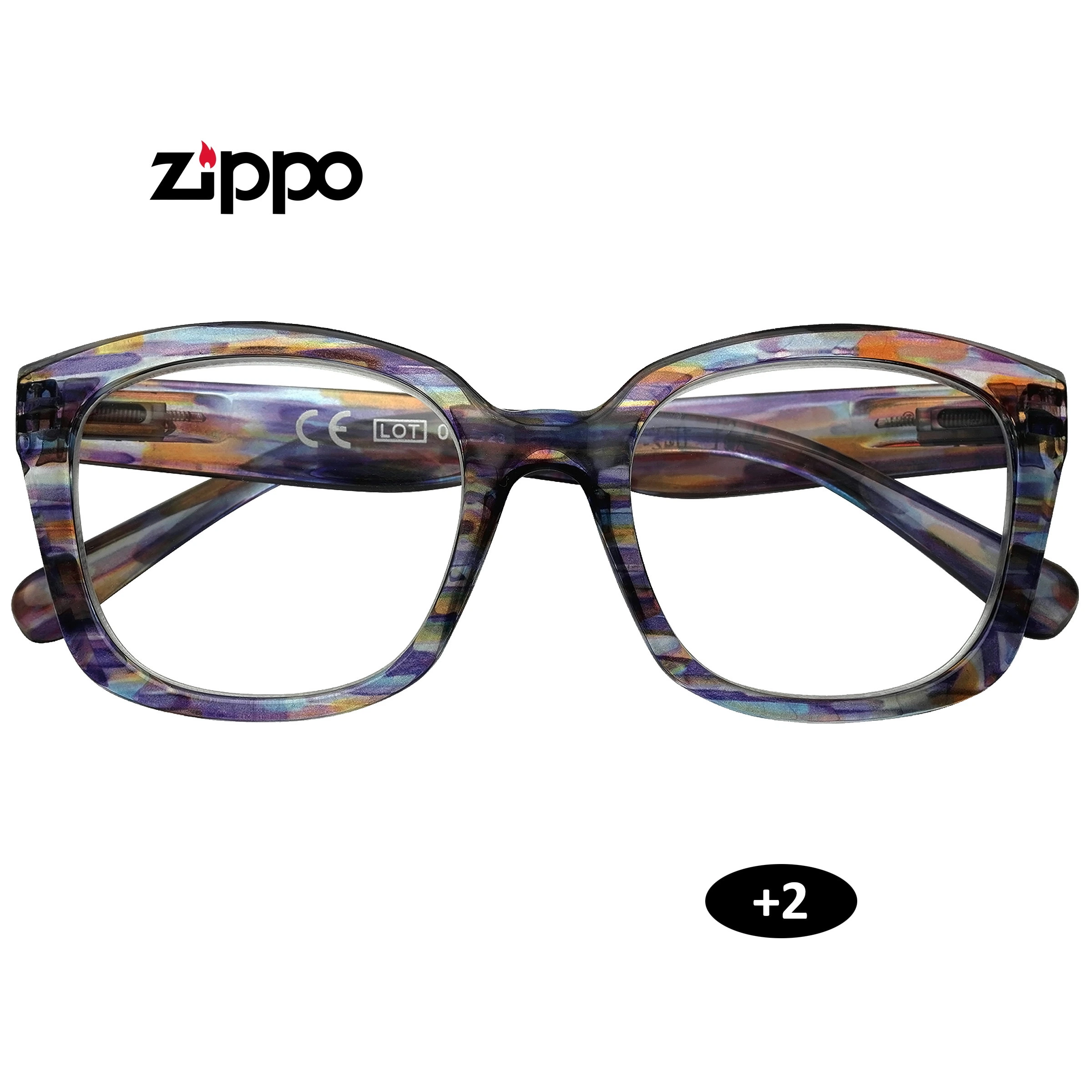 Gafas de lectura Zippo +2.00 vistas de frente, con montura rectangular multicolor y patillas plegadas sobre fondo blanco.