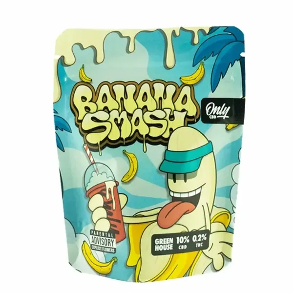 Envase de Banana Smash de Only CBD, con fondo turquesa, letras amarillas y una banana caricaturizada con visera y bebida.