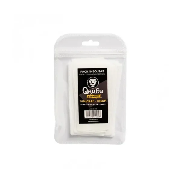 Paquete transparente de bolsas blancas Qnubu Rosin Press, con etiqueta negra que indica 70 micras y formato de 11 × 5 cm.