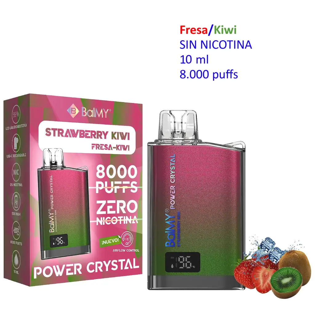 Vaper Balmy Power Crystal Strawberry-Kiwi rosa y verde junto a su caja, con fresas y kiwi; texto de 0 nicotina, 10 ml y 8.000 caladas.