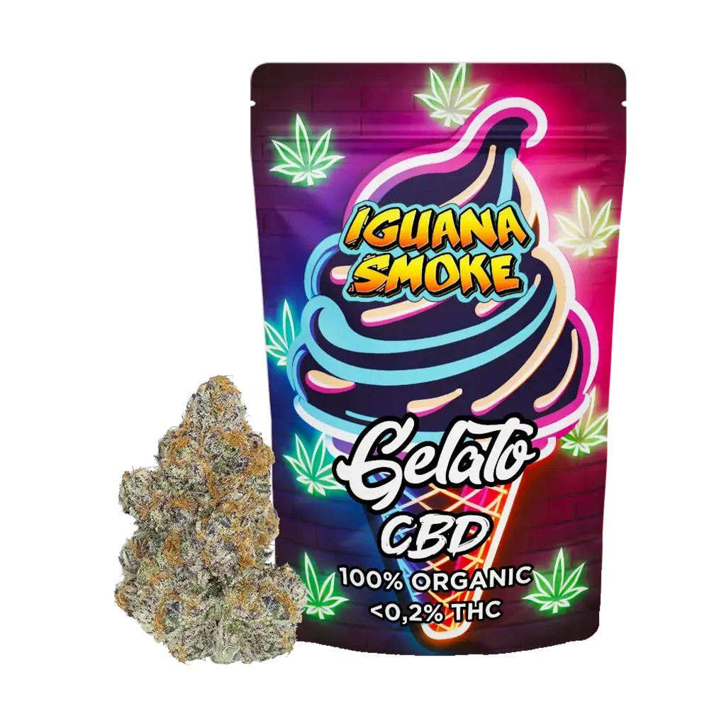 Bolsa Gelato CBD de Iguana Smoke con ilustración de helado multicolor y hojas, junto a un cogollo sobre fondo negro.