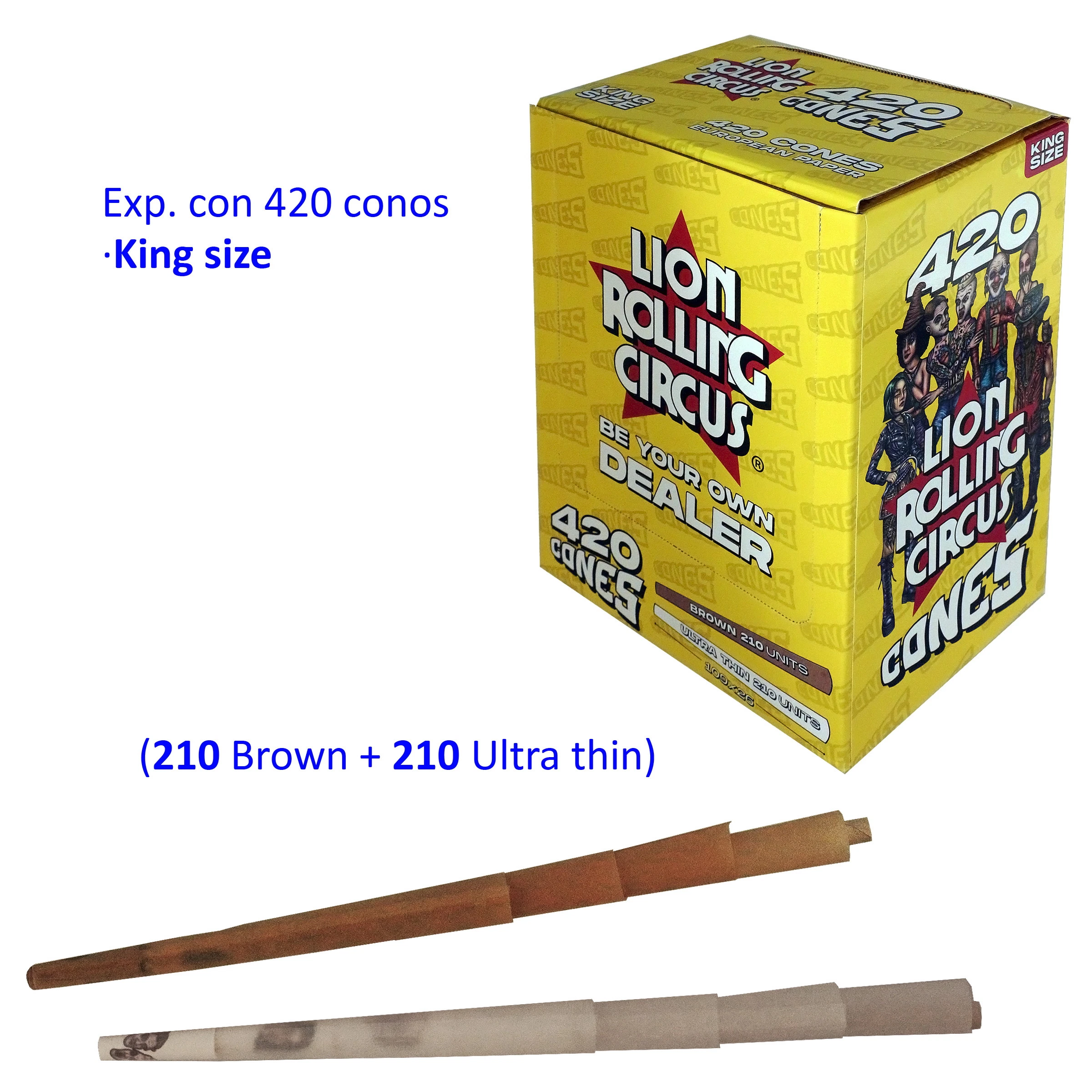 Caja amarilla de conos Lion Rolling Circus 420 King Size, con ejemplos marrón y claro y texto de 210 Brown y 210 Ultra thin.