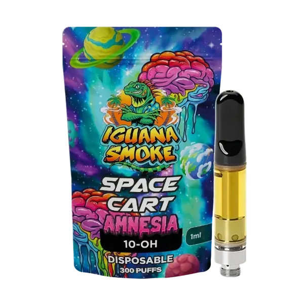 Cartucho Iguana Smoke con líquido amarillo y boquilla negra junto a un envase espacial con los textos Space Cart, Amnesia, 10-OH y 1 ml.
