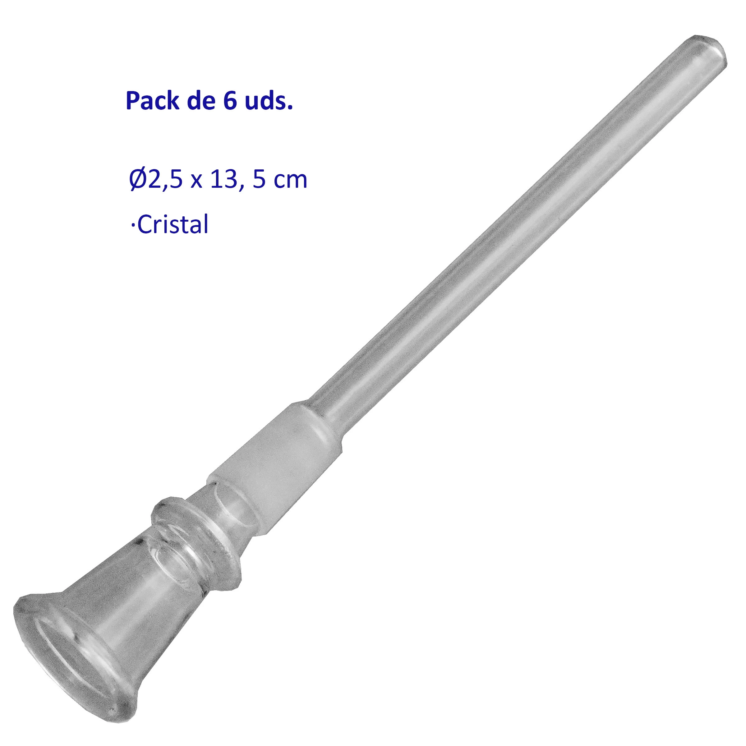 Pipa chillum de cristal transparente colocada en diagonal, con tubo largo y extremo ensanchado; texto de pack de 6 unidades.