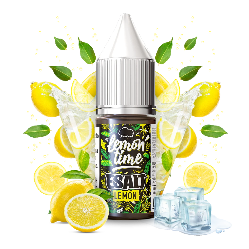 Frasco Lemon Time Lemon E-Salt con tapón blanco, rodeado de limones, hojas, vasos con rodajas de limón y cubitos sobre fondo negro.