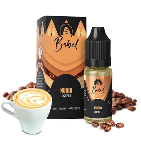 Frasco de líquido Nubio Coffee de Babel con tapón negro junto a su caja naranja y negra, una taza de café y granos de café.