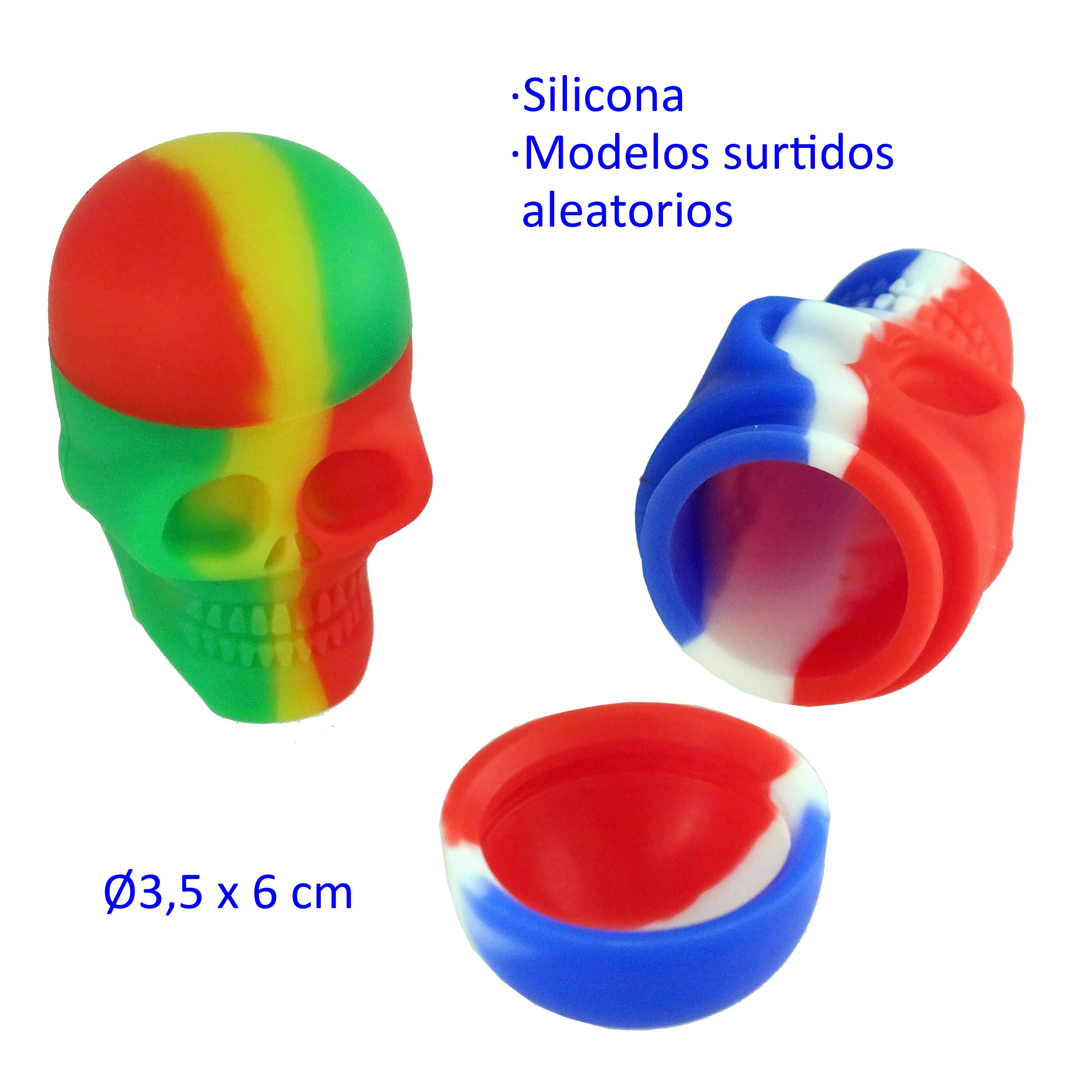Caja de silicona con forma de cráneo en distintas combinaciones multicolor, mostrada cerrada y abierta con la tapa separada sobre fondo blanco.