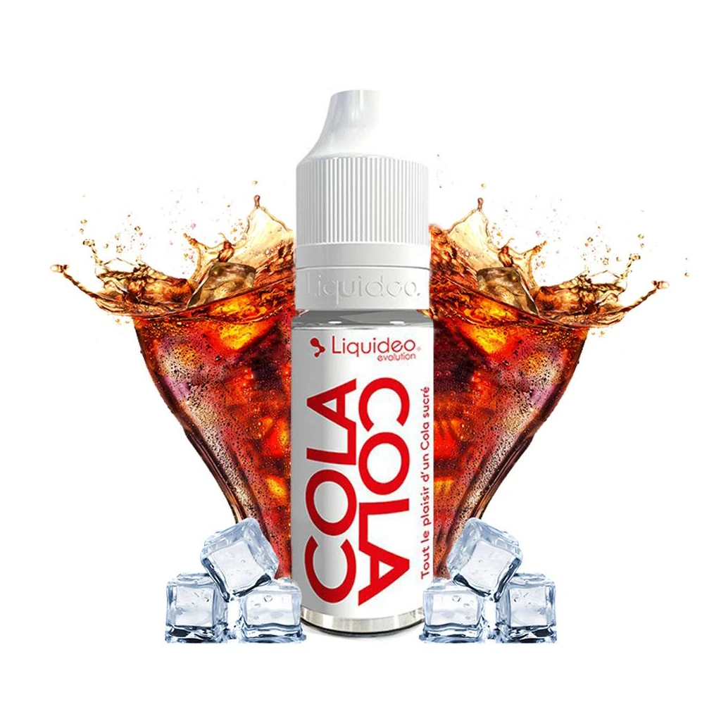 Frasco de e-líquido Liquideo Evolution Cola Cola con tapón blanco, ante vasos de refresco de cola con salpicaduras y cubitos de hielo.